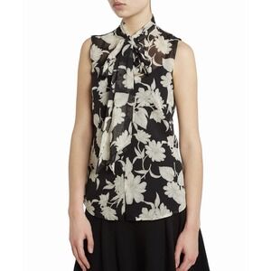 Ralph Lauren Women's Silk Tie-Neck Floral Tank Top Creme White Black Sheer 4‎